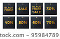 Black friday sales labels. Discount tags golden letters on a dark background collection. Vector set realistic stickers template with great deals 95984789