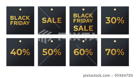 Black friday sales labels. Discount tags golden letters on a dark background collection. Vector set realistic stickers template with great deals 95984789