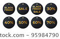 Black friday sales labels. Discount tags golden letters on a dark background collection. Vector set realistic stickers template with great deals 95984790