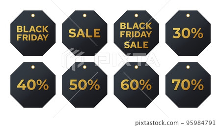 Black friday sales labels. Discount tags golden letters on a dark background collection. Vector set realistic stickers template with great deals 95984791