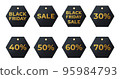 Black friday sales labels. Discount tags golden letters on a dark background collection. Vector set realistic stickers template with great deals 95984793