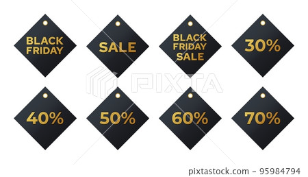 Black friday sales labels. Discount tags golden letters on a dark background collection. Vector set realistic stickers template with great deals 95984794