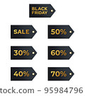 Black friday sales labels. Discount tags golden letters on a dark background collection. Vector set realistic stickers template with great deals 95984796
