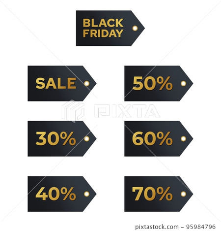 Black friday sales labels. Discount tags golden letters on a dark background collection. Vector set realistic stickers template with great deals Black friday sales labels. Discount tags golden letters on a dark background collection. Vector set realistic stickers template with great deals 95984796