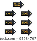 Black friday sales labels. Discount tags golden letters on a dark background collection. Vector set realistic stickers template with great deals 95984797