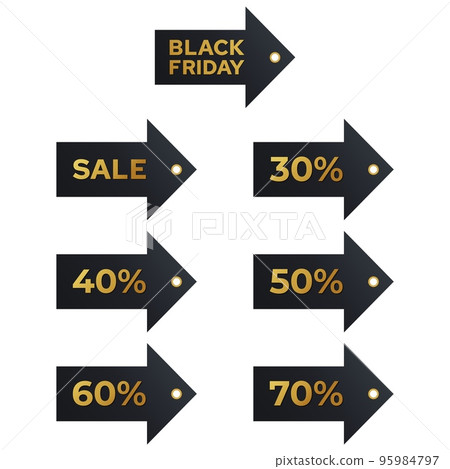 Black friday sales labels. Discount tags golden letters on a dark background collection. Vector set realistic stickers template with great deals 95984797