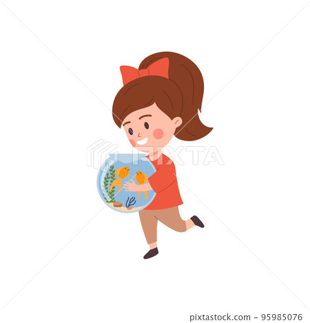 Happy little girl holding small aquarium with golden fishes, flat vector illustration isolated on white background. Happy little girl holding small aquarium with golden fishes, flat vector illustration isolated on white background. 95985076