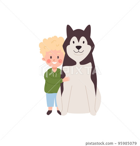 Boy hugging a huge husky flat cartoon vector illustration isolated on white. 95985079