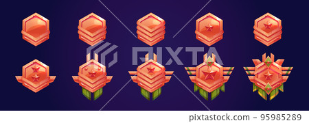 Set of military game rank icons on blue background 95985289