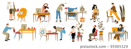 Office employees exercise at work, stretch at desk 95985329