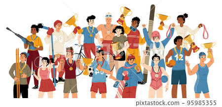 Multiethnic winner athletes with golden cups 95985355