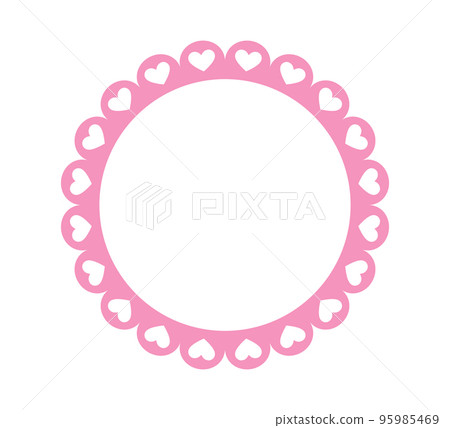 Circle scalloped frame. Scalloped edge round shape. Simple label sticker form. Flower silhouette lace frame. Repeat cute vintage frill ornament. Vector illustration isolated on white background 95985469