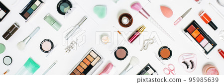 Feminine makeup aqua mente and pink palette accessories with nail polish manicure tools on white background. Flat lay pattern full frame knolling, beauty and cosmetics blogger concept banner 95985639