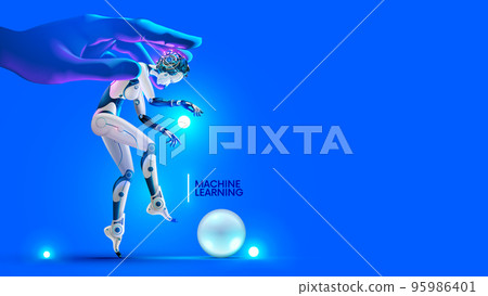 Machine learning conceptual illustration. Developer trains artificial intelligence. Digital technology art. Robot with AI in hand programmer. Neural network in image cyborg woman training on datum. Machine learning conceptual illustration. Developer trains artificial intelligence. Digital technology art. Robot with AI in hand programmer. Neural network in image cyborg woman training on datum. 95986401