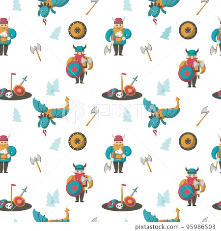 Vector seamless pattern with vikings and dragons Vector seamless pattern with vikings and dragons 95986503