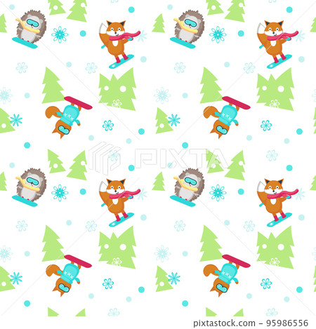 Vector seamless pattern with cute animals snowboarding 95986556