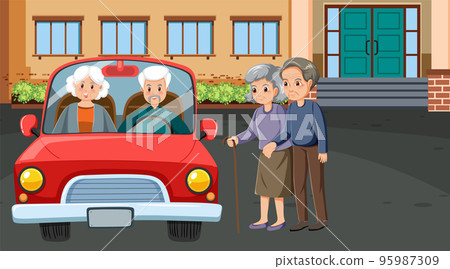 Elderly couple driving car 95987309