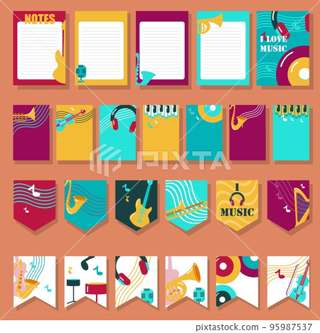 Vector set of cards with musical instruments and accessories Vector set of cards with musical instruments and accessories 95987537