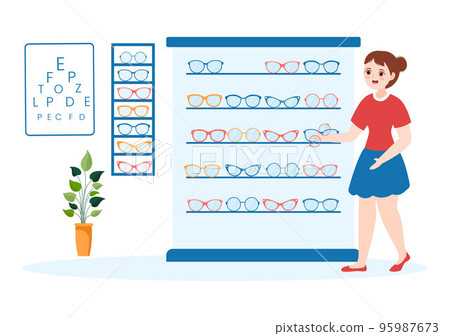 Eye Glasses Store or Optical Shop with Accessories, Optician, Checking Vision and Eyeglasses in Flat Cartoon Hand Drawn Templates Illustration Eye Glasses Store or Optical Shop with Accessories, Optician, Checking Vision and Eyeglasses in Flat Cartoon Hand Drawn Templates Illustration 95987673