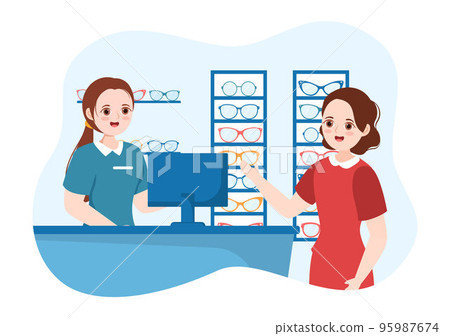 Eye Glasses Store or Optical Shop with Accessories, Optician, Checking Vision and Eyeglasses in Flat Cartoon Hand Drawn Templates Illustration 95987674