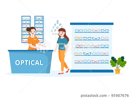 Eye Glasses Store or Optical Shop with Accessories, Optician, Checking Vision and Eyeglasses in Flat Cartoon Hand Drawn Templates Illustration Eye Glasses Store or Optical Shop with Accessories, Optician, Checking Vision and Eyeglasses in Flat Cartoon Hand Drawn Templates Illustration 95987676