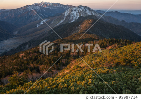 晴天時從長野縣和岐阜縣邊界的西穗高嶽山脊線看到的阿爾卑斯山脊線，北阿爾卑斯山脈 95987714