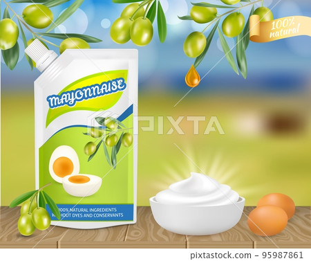 Natural olive mayonese ad vector realistic illustration 95987861
