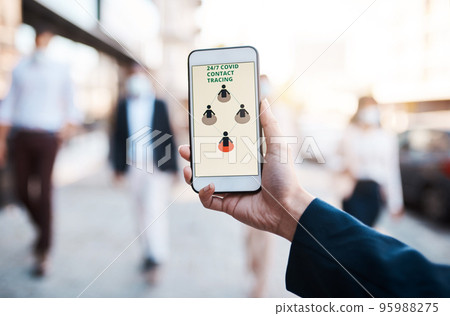 Early detection makes all the difference. Shot of an unrecognisable woman using a Covid-19 tracking app on her smartphone in the city. Early detection makes all the difference. Shot of an unrecognisable woman using a Covid-19 tracking app on her smartphone in the city. 95988275