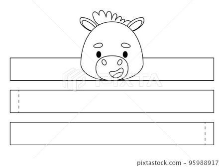 Printable horse paper crown. Diy cut party ribbon template for birthday, Christmas, baby shower. Fun accessory for entertainment. Print, color, cut and glue. Vector stock illustration 95988917