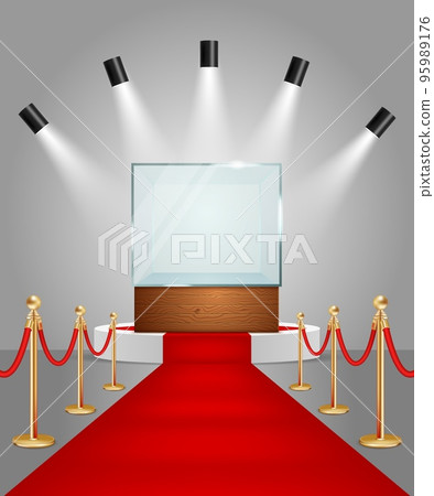 Vector illuminated podium with red carpet and showcase Vector illuminated podium with red carpet and showcase 95989176