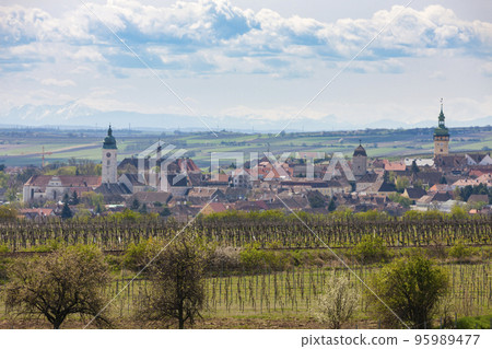 Retz with spring vineyards and Alps mountains at the background, Lower Austria, Austria Retz with spring vineyards and Alps mountains at the background, Lower Austria, Austria 95989477