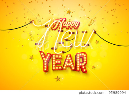Happy New Year 2023 Illustration with Glowing Neon Light and Marquee Bulb Lettering on Yellow Background. Vector Christmas Holiday Season Design for Flyer, Greeting Card, Banner, Celebration Poster 95989994