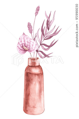 Watercolor vase with dry tropical flowers on a white background in boho style 95990030