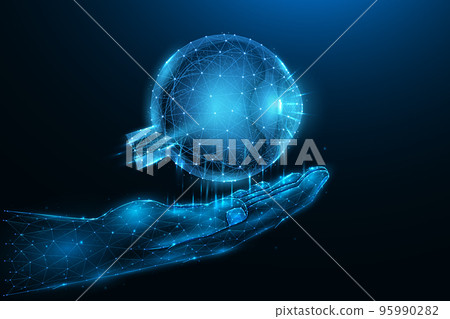 Polygonal vector illustration of a hand with a human eye. Vision concept. Medical banner, template or background. 95990282