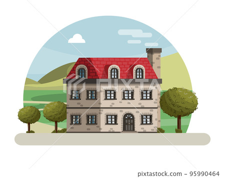 Village three story building on a nature background 95990464