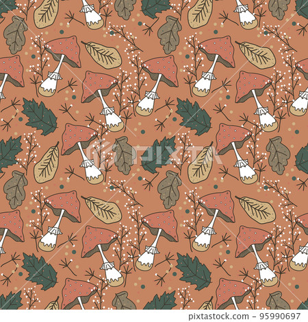 Autumn vector seamless pattern with hand drawn funguses, fall leaves, berries. Autumn vector seamless pattern with hand drawn funguses, fall leaves, berries. 95990697