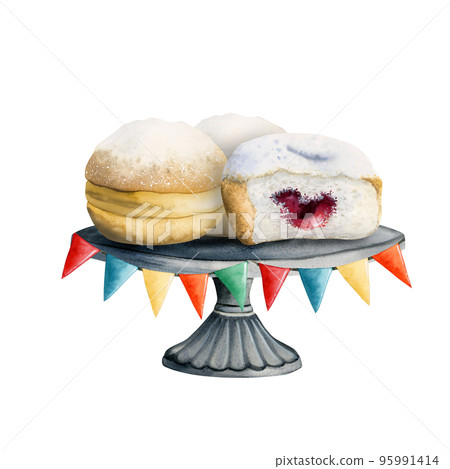 Colorful watercolor Hanukkah donuts on cake stand with festive holiday party flags isolated on white background, jewish traditional Chanuka food 95991414