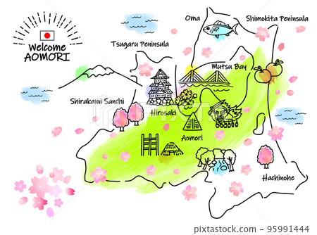 青森縣春季旅遊景點簡單線描圖 95991444