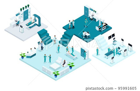 Isometric room of the hospital, Healthcare and innovative technology, medical personnel, patients, examination and diagnosis of the disease, surgery 95991605