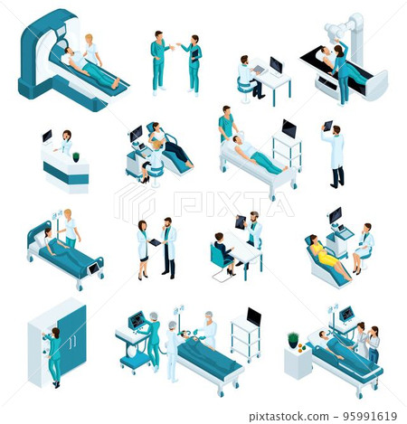Isometrics medicine, quality people. Resuscitation, doctors, medical workers. Includes operating table, x-ray scanner, anesthesia machine and other equipment 95991619