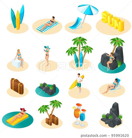 Isometrics set of icons for the beach, girls in bikini, guy with surfboard, palm trees, sun, sea excellent set for vector illustrations Isometrics set of icons for the beach, girls in bikini, guy with surfboard, palm trees, sun, sea excellent set for vector illustrations 95991620