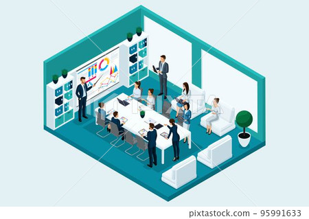 Qualitative Isometry, 3D characters, business people in the office room at the training. Vector Concept for business games 95991633