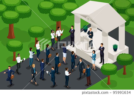 Qualitative Isometry, 3D characters in the park at a presidential candidate rally. Vector game concept and for advertising presentations 95991634
