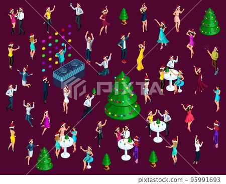Isometrics Celebrating Christmas, a lot of 3D men and women have fun dancing, jumping, celebrating people for colorful illustrations 95991693