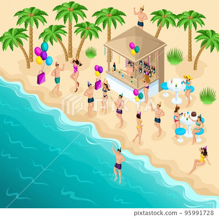 Isometry dancing on the beach, party, birthday party, Ibiza, the sea. beach, great weather, rest, entertainment, a bar with drinks 95991728