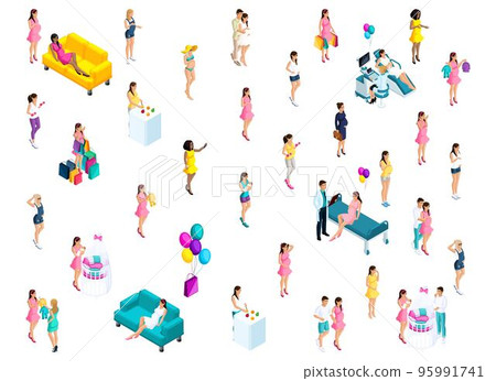 Isometry of pregnant girls in different activities, 3d couple next to the baby's crib, happy woman, balloons 95991741