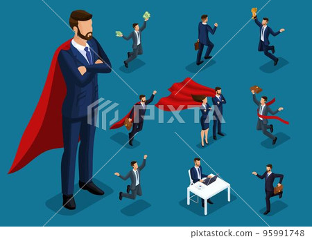 Isometric cartoon people, 3d businessmen and supermen in different situations, big man and mini concept with him for vector illustrations Isometric cartoon people, 3d businessmen and supermen in different situations, big man and mini concept with him for vector illustrations 95991748