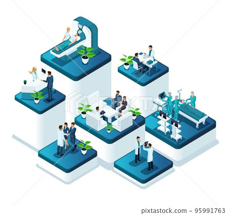 Isometric doctors concept of the work of medical personnel in a hospital. Concept of treatment and conducting surgical operations in the clinic 95991763