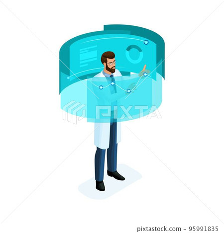 Isometry of a private clinic worker uses modern technology, set 9, virtual screen, large tablet, modern data storage, for doctors, surgeons, nurses 95991835