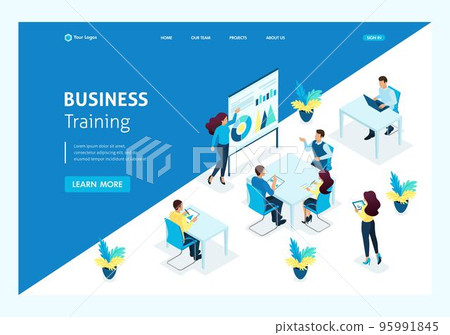 Isometric concept staff development, coach for business training. Teacher at the blackboard shows teaching material. Website Template Landing page 95991845